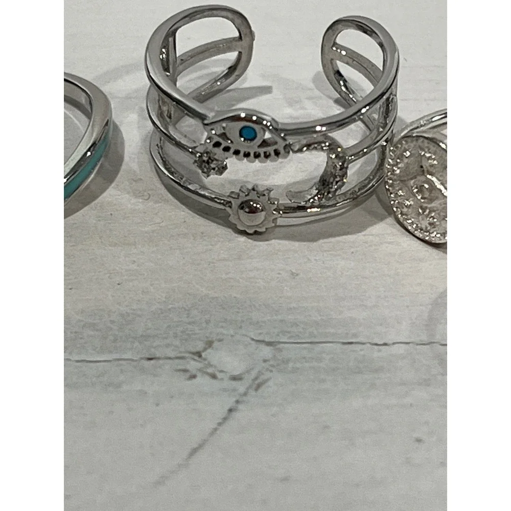 Ring lot of 5‎ Evil Eye Wave Coin Silver Tone Boho Jewelry size 6 and 7